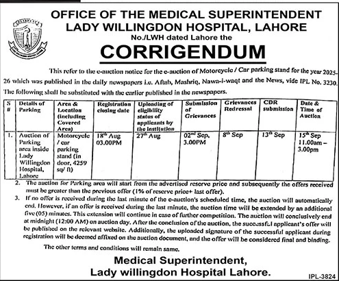 Lady Willingdon Hospital Lahore Tender Notice